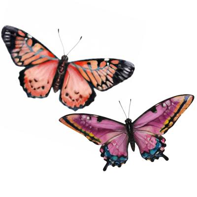 Wanddecoratie vlinders - 2x stuks - rood en roze - 49 x 34 cm - metaal - muurdecoratie tuin