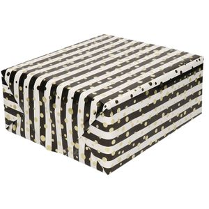 Cadeaupapier gemetaliseerd wit en zwart gestreept met gouden stippen, 150 x 70 cm   -