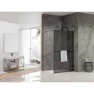 Van Rijn Products ST04 Vaste wand 8mm rookglas 99.5x200cm met 120cm stabilisatiestang en handdoekhouder Zwart mat ST04100KPHGR