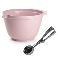 Oliebollen bakken set - Beslagkom roze - kunststof - met ijsbollen lepel 23 cm