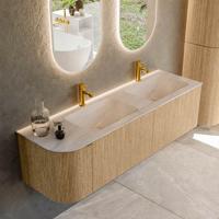 Badmeubel Mondiaz Kurve-Dlux | 155 cm | Meubelkleur Oak | Wastafelkleur Meli | Solid surface | Dubbel / Rechts spoelbak | 2 kraangaten
