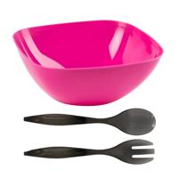 Salade/fruit diepe serveerschaal - roze - kunststof - 28 x 11 cm - met couvert/bestek in het grijs