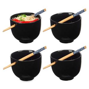 Pokebowl/ramen/noedels servies set - 4x - kommetje en chopsticks - keramiek - zwart - sushi eet set