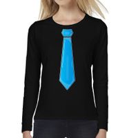 Verkleed shirt voor dames - stropdas blauw - zwart - carnaval - foute party - longsleeve