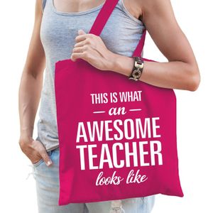 Katoenen cadeau juf tasje awesome teacher fuchsia roze