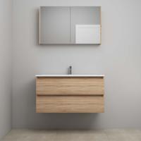 On-Line Badkamermeubelset - 100 cm - Voorgemonteerd - Acryl Wastafel - 1 Kraangat - Spiegelkast - Eiken