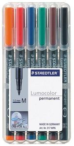 Staedtler Lumocoler 317, OHP-marker, permanent, 1,0 mm, etui van 6 stuks in geassorteerde klassieke kleur