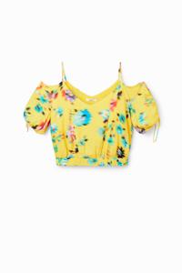 Korte aangerimpelde blouse met bloemen - YELLOW - M