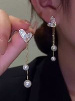 Banquet Party Gold Heart Diamond Pearl Pendant Earrings Elegant Jewelry - thumbnail
