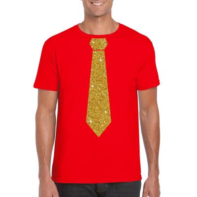 Rood fun verkleedkleding t-shirt - met stropdas - in glitter goud - heren - korte mouwen