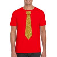 Rood fun verkleedkleding t-shirt - met stropdas - in glitter goud - heren - korte mouwen