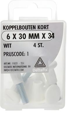 Koppelbout kort 6x30mm wit 4st - Deltafix