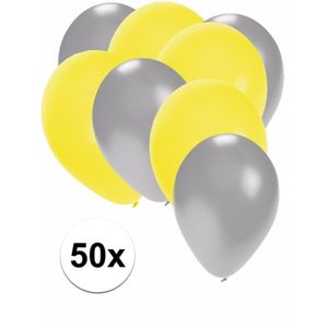 50x ballonnen - 27 cm - zilver / gele versiering