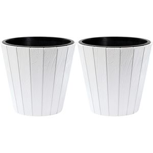 Plantenpot/bloempot Wood Style - 2x - buiten/binnen - kunststof - wit - D30 x H28 cm