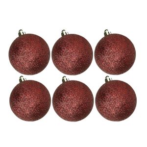 6x stuks kunststof glitter kerstballen donkerrood 6 cm