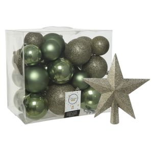 Kerstballen set 26x stuks kerstballen en ster piek mosgroen kunststof