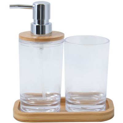 Badkamer accessoires set 3-delig Porto - Bamboe/kunststof - Transparant - Zeeppompje/beker/schaal Badkamer accessoires set 3-delig Porto - Bamboe/kunststof - Transparant - Zeeppompje/beker/schaal