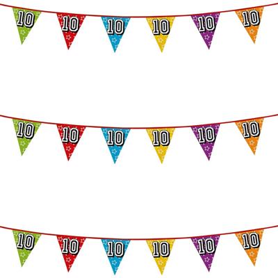 10 jaar verjaardag thema vlaggenlijn met glitters - 3x stuks - feestartikelen - versiering - 8 meter