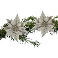 2x stuks kerstboom bloemen kerstster champagne glitter op clip 18 cm - Kersthangers - thumbnail