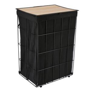 Wasmand met deksel bamboe - zwart/metaal - opvouwbaar - 60 liter - 40 x 30 x 60 cm