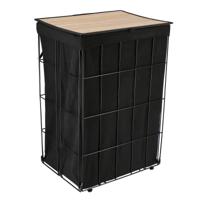 Wasmand met deksel bamboe - zwart/metaal - opvouwbaar - 60 liter - 40 x 30 x 60 cm