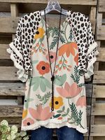 Floral Short Sleeve Printed Cotton-blend V neck Casual Summer Multicolor Top