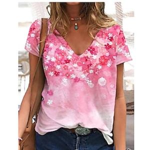 Dames Bloemig Casual Feestdagen Weekend Bloemen Thema Verf Korte mouw T-shirt V-hals Afdrukken Basic Tops Blozend Roze S / 3D-afdrukken