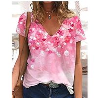 Dames Bloemig Casual Feestdagen Weekend Bloemen Thema Verf Korte mouw T-shirt V-hals Afdrukken Basic Tops Blozend Roze S / 3D-afdrukken - thumbnail