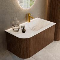 Badmeubel Mondiaz Kurve-Dlux | 85 cm | Meubelkleur Walnut | Wastafelkleur Frappe | Solid surface | Rechts spoelbak | 1 kraangat