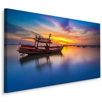 Schilderij - Boot op een meer bij zonsondergang , Wanddecoratie , Premium print - thumbnail