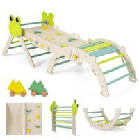 7-in-1 Driehoekige Set Klimspeelgoed voor Peuters met Helling Ladder en Boog Houten Montessori-klimspeelset met Kikker-thema en Doolhofspel Groen