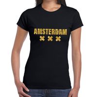 Amsterdam gouden glitter tekst t-shirt zwart dames - thumbnail