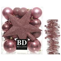 Kerstversiering kerstballen 5-6-8 cm met ster piek en sterren slingers pakket oud roze van 35x stuks