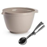 Oliebollen bakken set - Beslagkom beige - kunststof - met ijsbollen lepel 23 cm