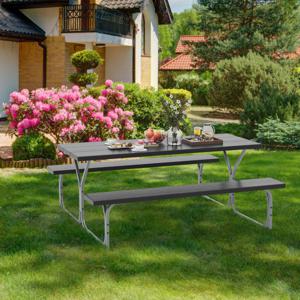 183 cm Picknicktafel en Bank Set Buiten Tafel en 2 Banken voor 8 Personen Weerbestendig Blad Gat voor Parasol voor Terras Tuin Zwart