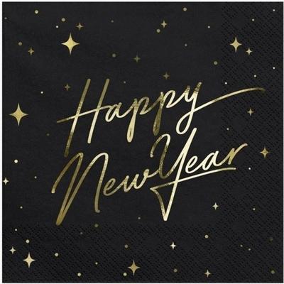 Servetten Happy New Year - 40x - zwart/goud - 33 x 33 cm - Nieuwjaar