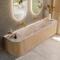 Badmeubel Mondiaz Kurve-Dlux | 180 cm | Meubelkleur Oak | Wastafelkleur Meli | Solid surface | Wasbak beide zijden spoelbak | Zonder kraangat(en)