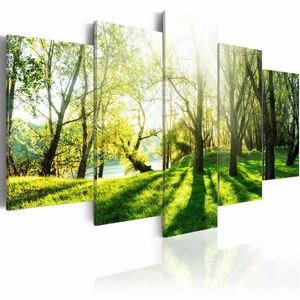 Schilderij - Door de Bomen, Groen, 5luik , premium print op canvas