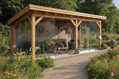 Douglasvision Overkapping Prestige 600x350 cm met glasschuifwand aan voor- en linkerzijde, achterwand en rechterwand enkelzijdig sponningplank grijs gecoat, dakplanken wit gecoat - incl. zinken afvoerbuis en composiet vlonder - Showmodel- Plat dak- lariks