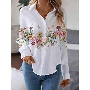 Dames Overhemd Blouse Bloemig Wit Afdrukken nappi Lange mouw Casual Feestdagen Modieus Overhemdkraag Normale pasvorm Lente Herfst