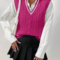 Bon&Bon Cable Knit Sweater Vest - V-Neck Striped Trim Casual Black Top Hot Pink / XS