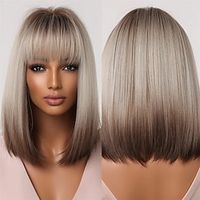 bruin blond ombre bob pruiken voor vrouwen cosplay pruik met pony donkere wortels grijs natuurlijk haar synthetische pruik barbiecore pruiken Lightinthebox