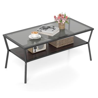 2-Laags Salontafel Glazen Tafel met Opbergruimte Rechthoekige Salontafel met Gehard Glazen Blad en Metalen Frame Moderne Salontafel Bijzettafel voor Woonkamer en Kantoor 106,5 x 50,5 x 46,5 cm