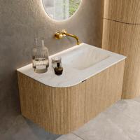 Badmeubel Mondiaz Kurve-Dlux | 75 cm | Meubelkleur Oak | Wastafelkleur Opalo | Solid surface | Rechts spoelbak | Zonder kraangat(en)