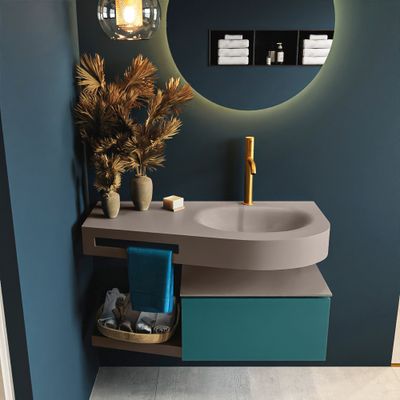 MONDIAZ RIVA 100cm badmeubel onderkast / planchet kleur Smag met 1 lade. Wastafel DULCET rechts 1 kraangat kleur Smoke. MONDIAZ RIVA 100cm badmeubel onderkast / planchet kleur Smag met 1 lade. Wastafel DULCET rechts 1 kraangat kleur Smoke.