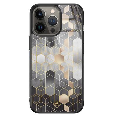 iPhone 13 Pro glazen hardcase - Hexagons zwart