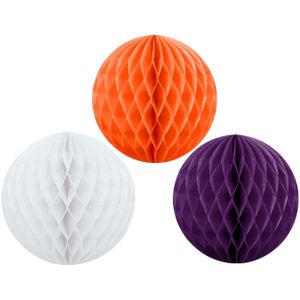 Kerstversiering set van 3x papieren kerstballen 10 cm wit paars en oranje