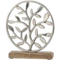 Decoratie levensboom rond van aluminium op houten voet 25 cm zilver - Beeldjes