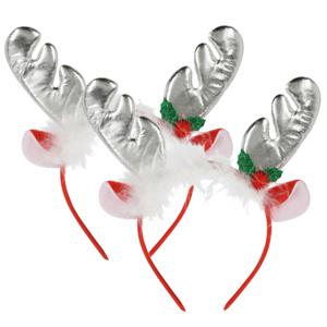 Kerst diadeems/haarbanden - 2x - rendier gewei met oren - zilver - polyester - accessoires