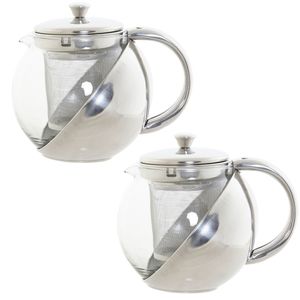 Set van 2x stuks theepotten van glas en RVS 600 ml met filter/infuser en handvat